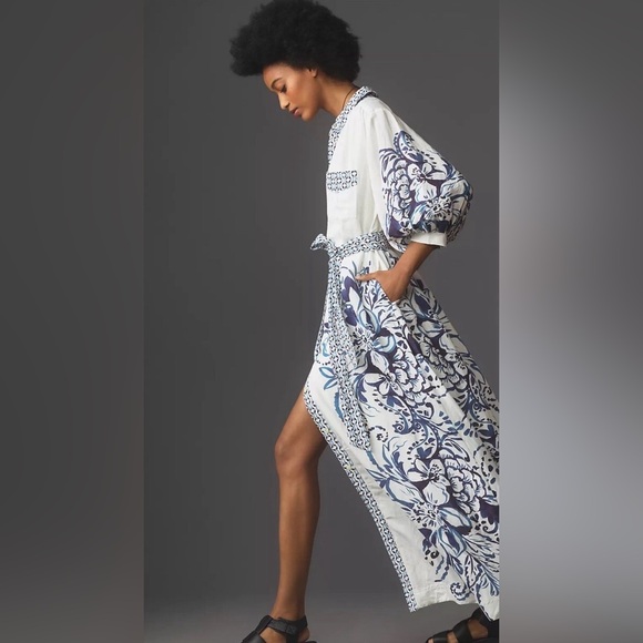 MAEVE by ANTHROPOLOGIE Irene Linen Button Front Belted Maxi Shirt Dress in Blue - Picture 3 of 11